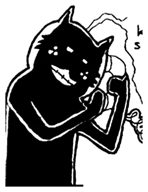 Blix the big black cat grinning into a telephone receiver.